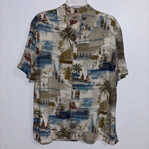 Batik Bay Hawaiian Shirt Men’s XL Camo Palm Tree Sailboat Rayon Short Sleeve